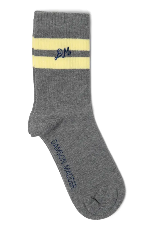 sporty calf socks - grey marl/ butter stripe sold by Damson Madder