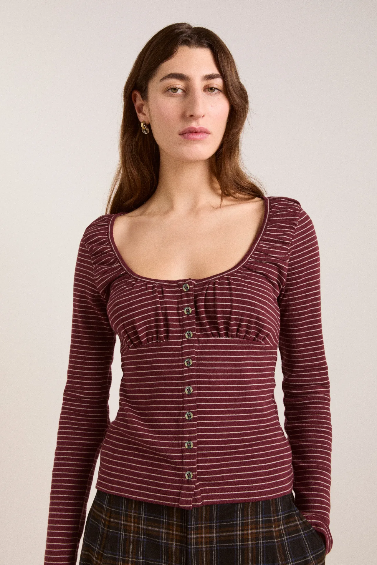 darma ls top - burg stripe sold by Damson Madder