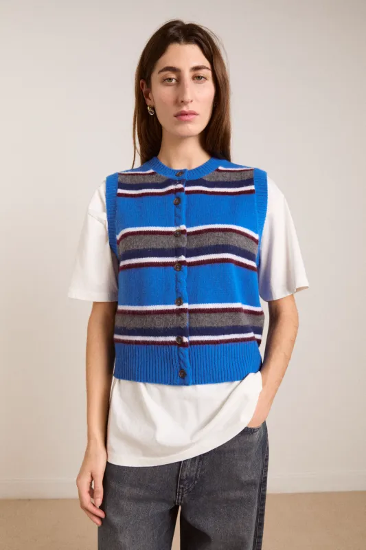 sofie merino wool vest - blue stripe sold by Damson Madder