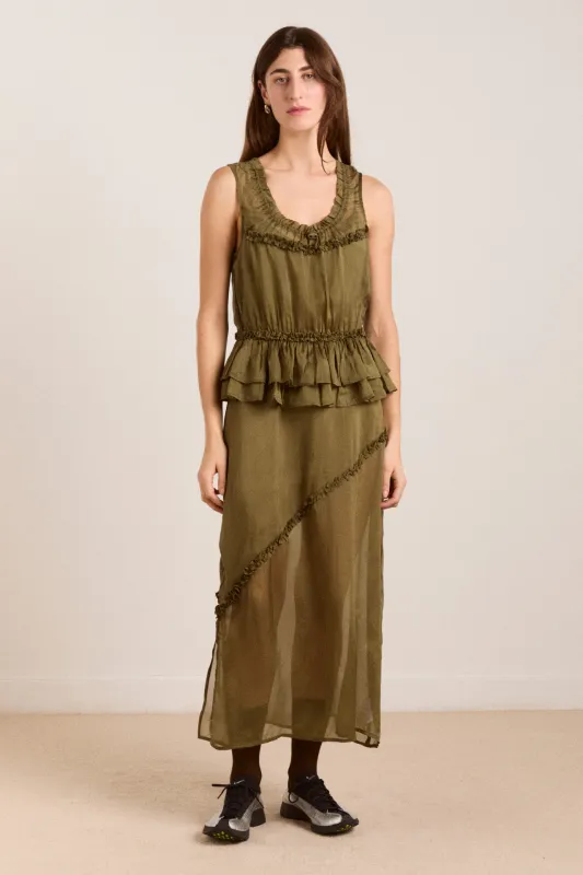 sasha ruffle slip dress with cami - sheer olive sold by Damson Madder