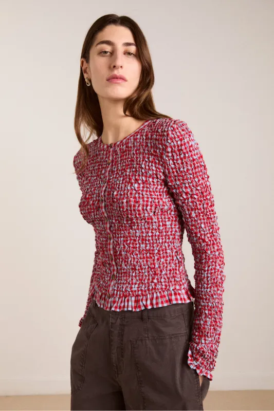 elliana smocked cardi - blue & red gingham sold by Damson Madder