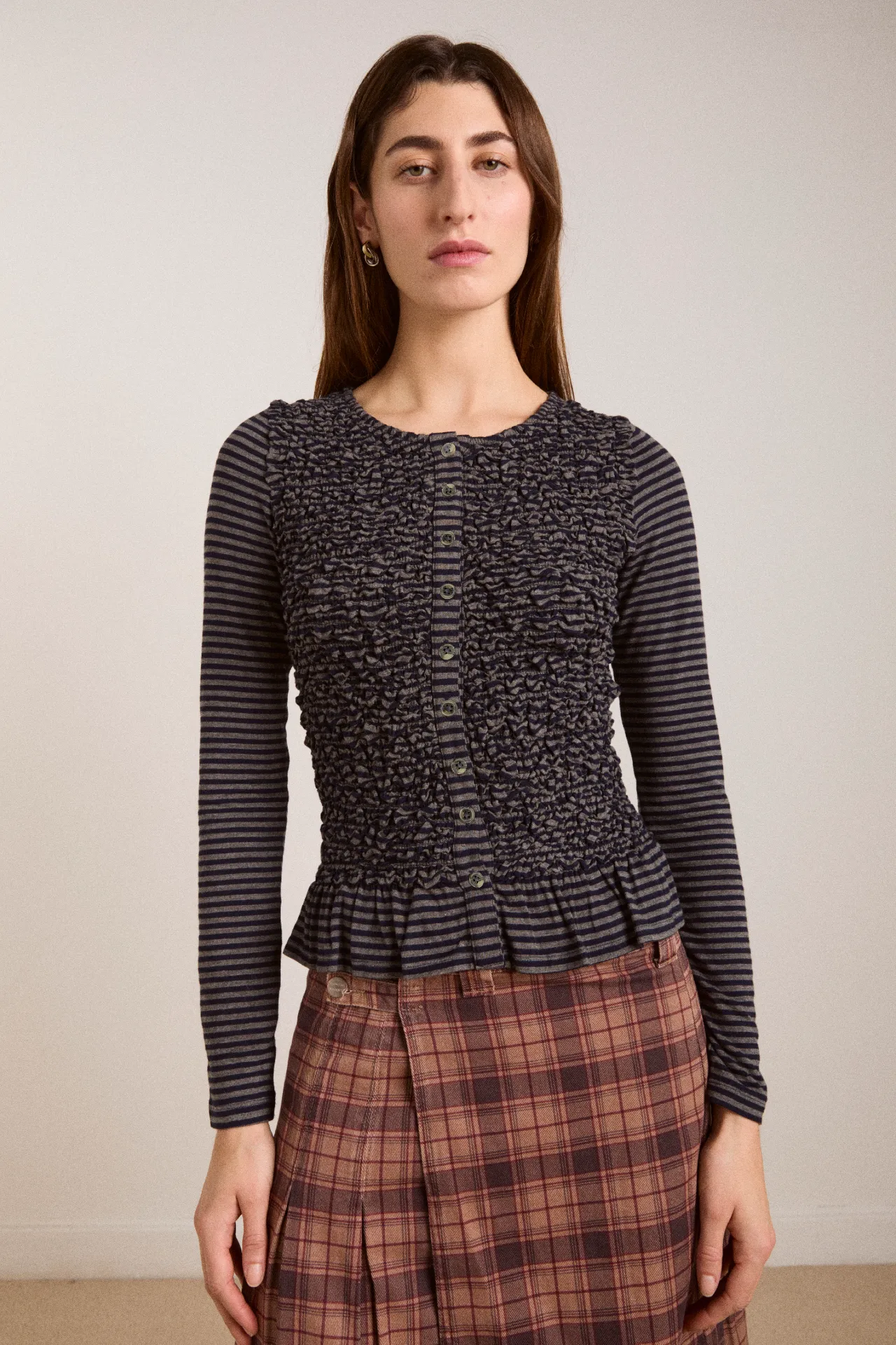 peggy smocked cardi - blue stripe sold by Damson Madder product image thumbnail 2