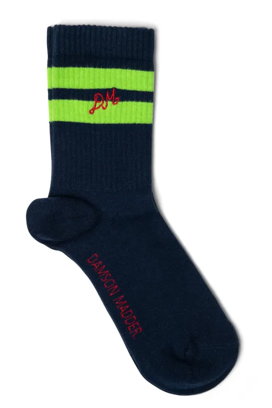 sporty calf socks - navy/lime stripe sold by Damson Madder