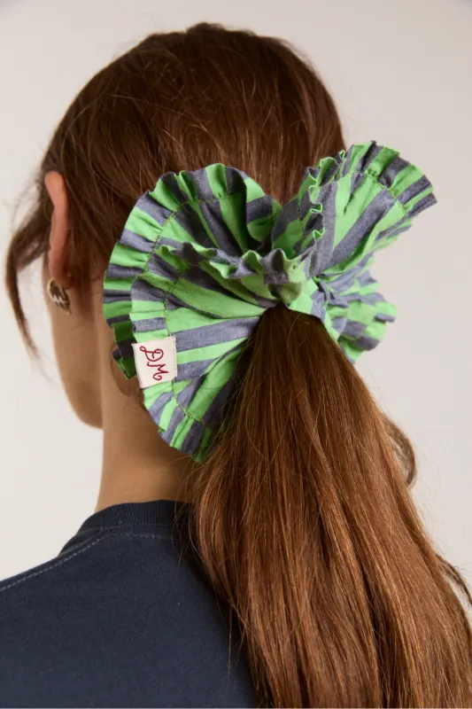 frill edge scrunchie - navy pop green stripe sold by Damson Madder