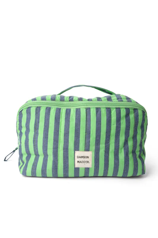 quilted make up bag - navy pop green stripe sold by Damson Madder