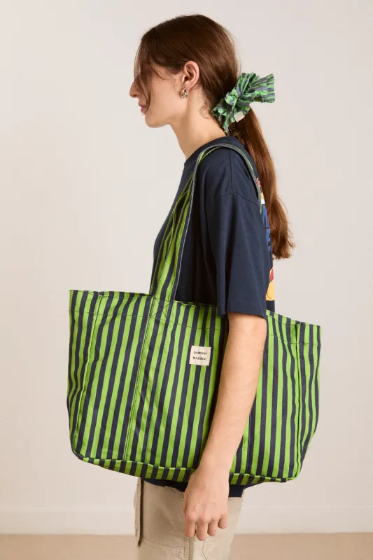 dm canvas tote - navy lime stripe sold by Damson Madder