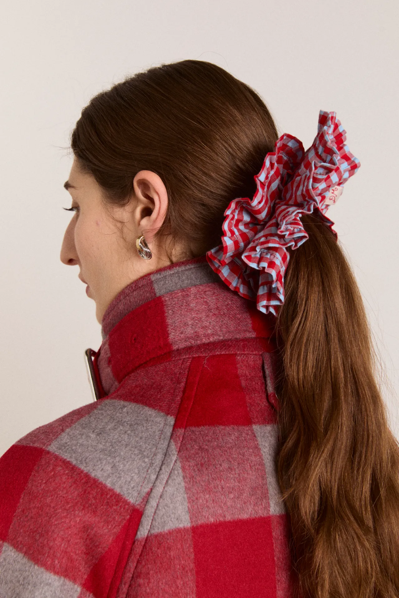 frill edge scrunchie - blue & red gingham sold by Damson Madder product image thumbnail 3