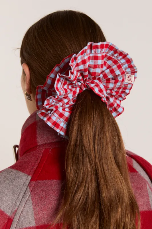 frill edge scrunchie - blue & red gingham sold by Damson Madder