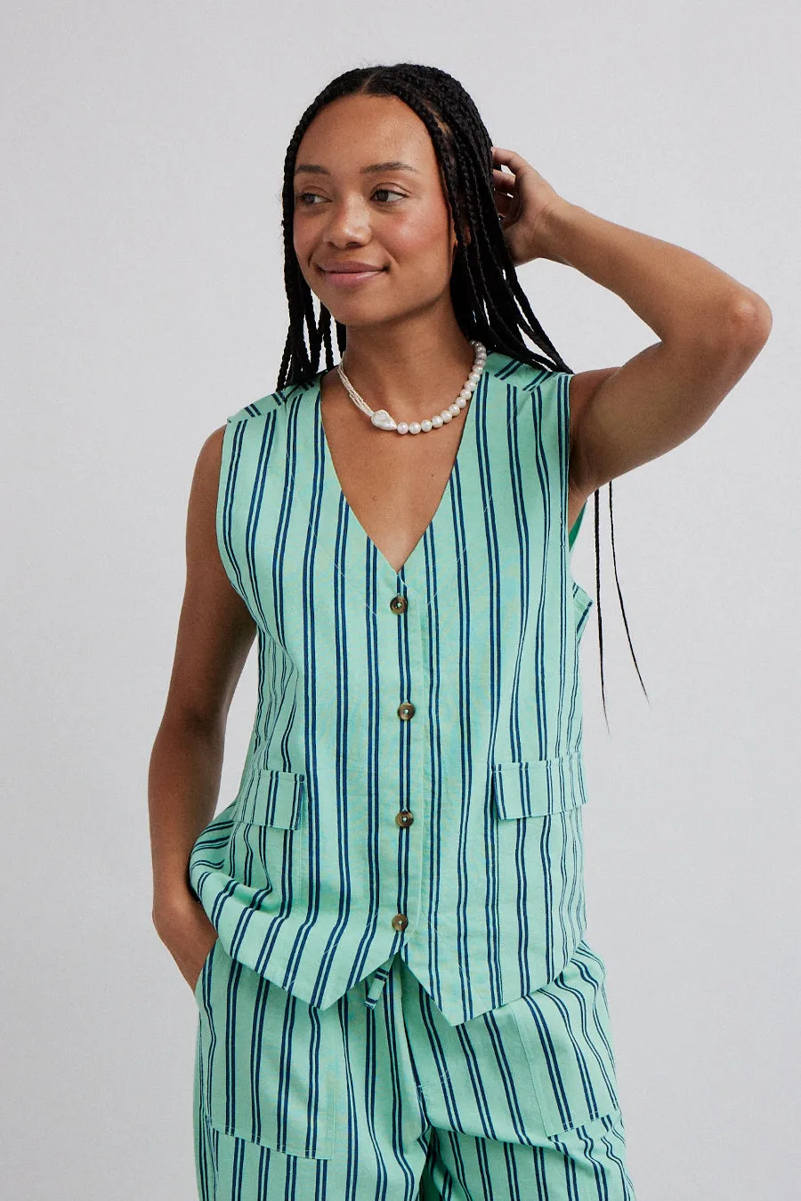 coco oversized waistcoat - mint stripe sold by Damson Madder