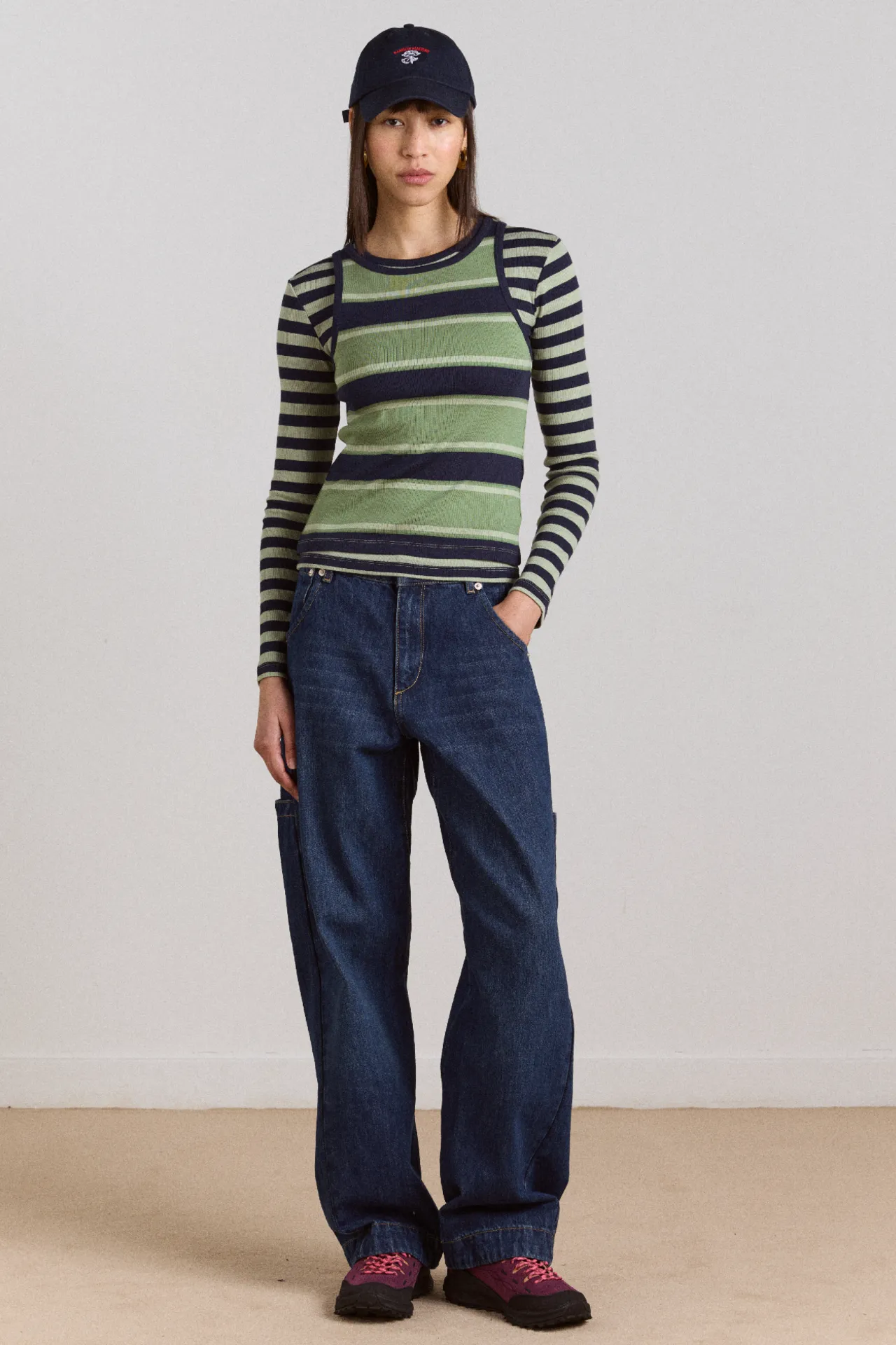 manon layered 2 in 1 top - green stripe sold by Damson Madder product image thumbnail 4