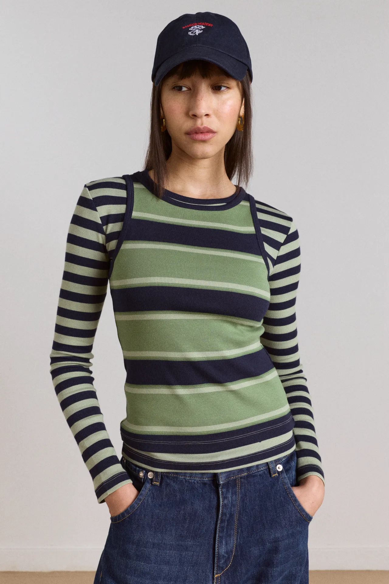 manon layered 2 in 1 top - green stripe sold by Damson Madder