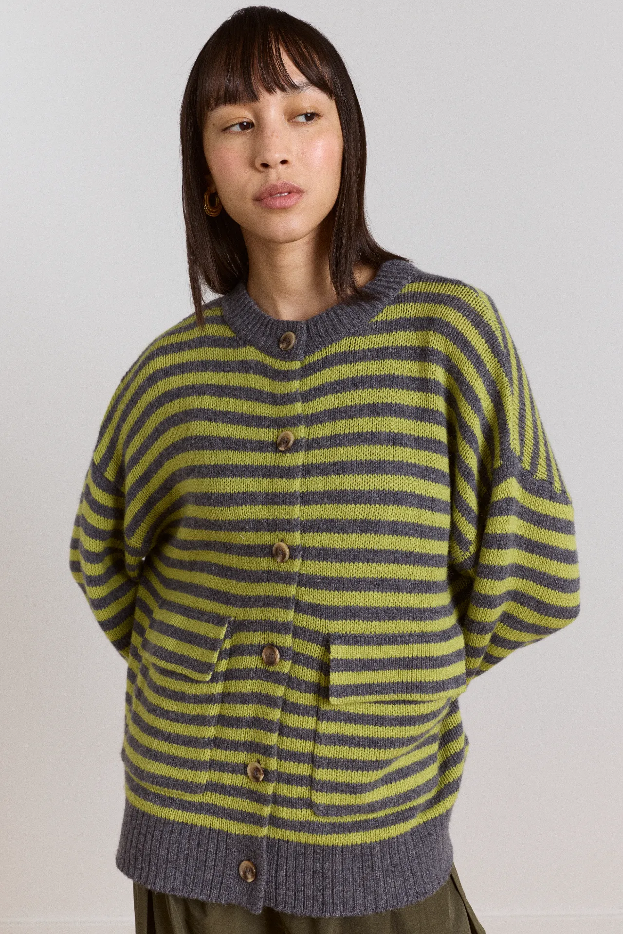 anouk cardigan with removable hood - olive/grey sold by Damson Madder product image thumbnail 3