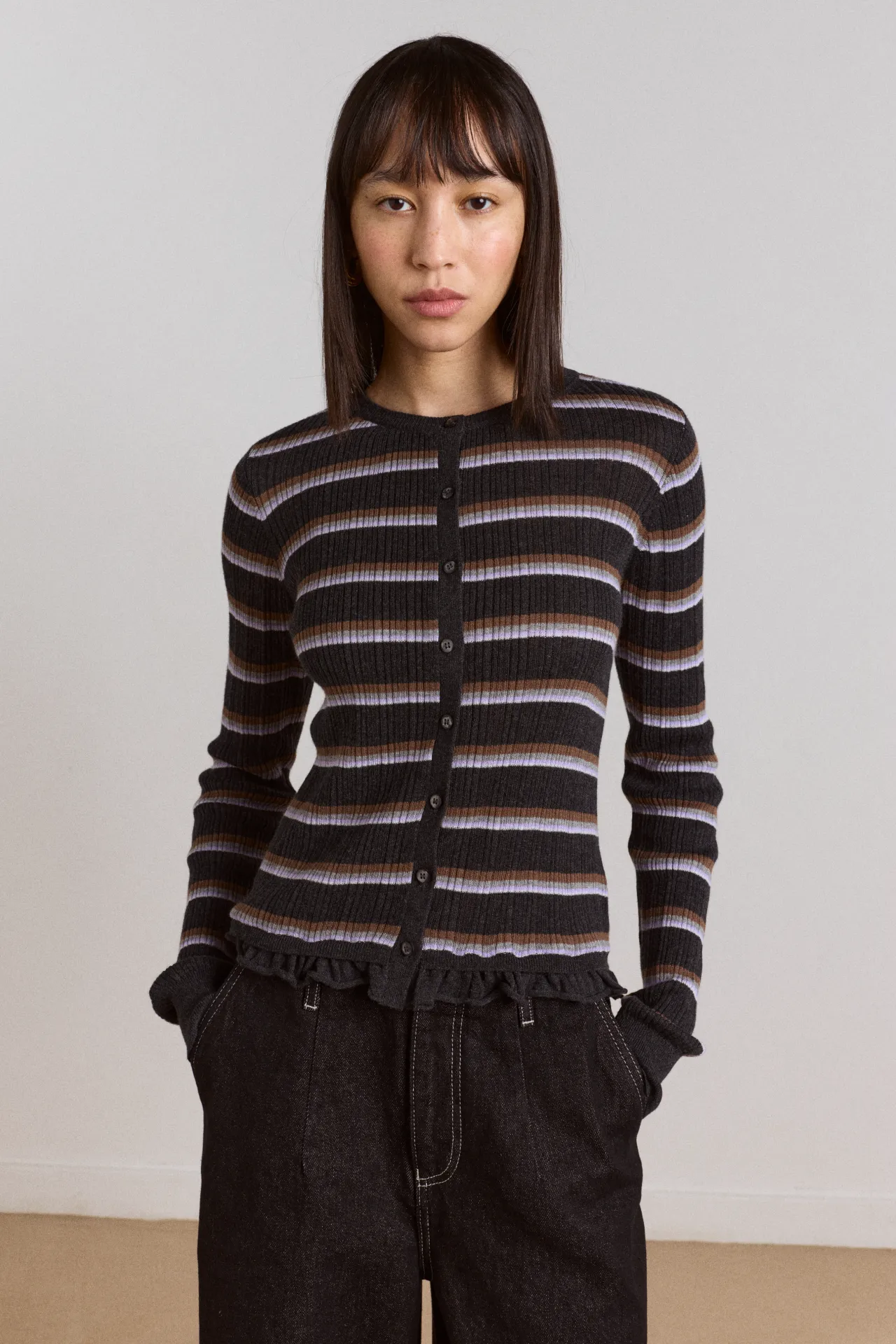anelis cotton merino blend cardigan- multi stripe sold by Damson Madder product image thumbnail 2