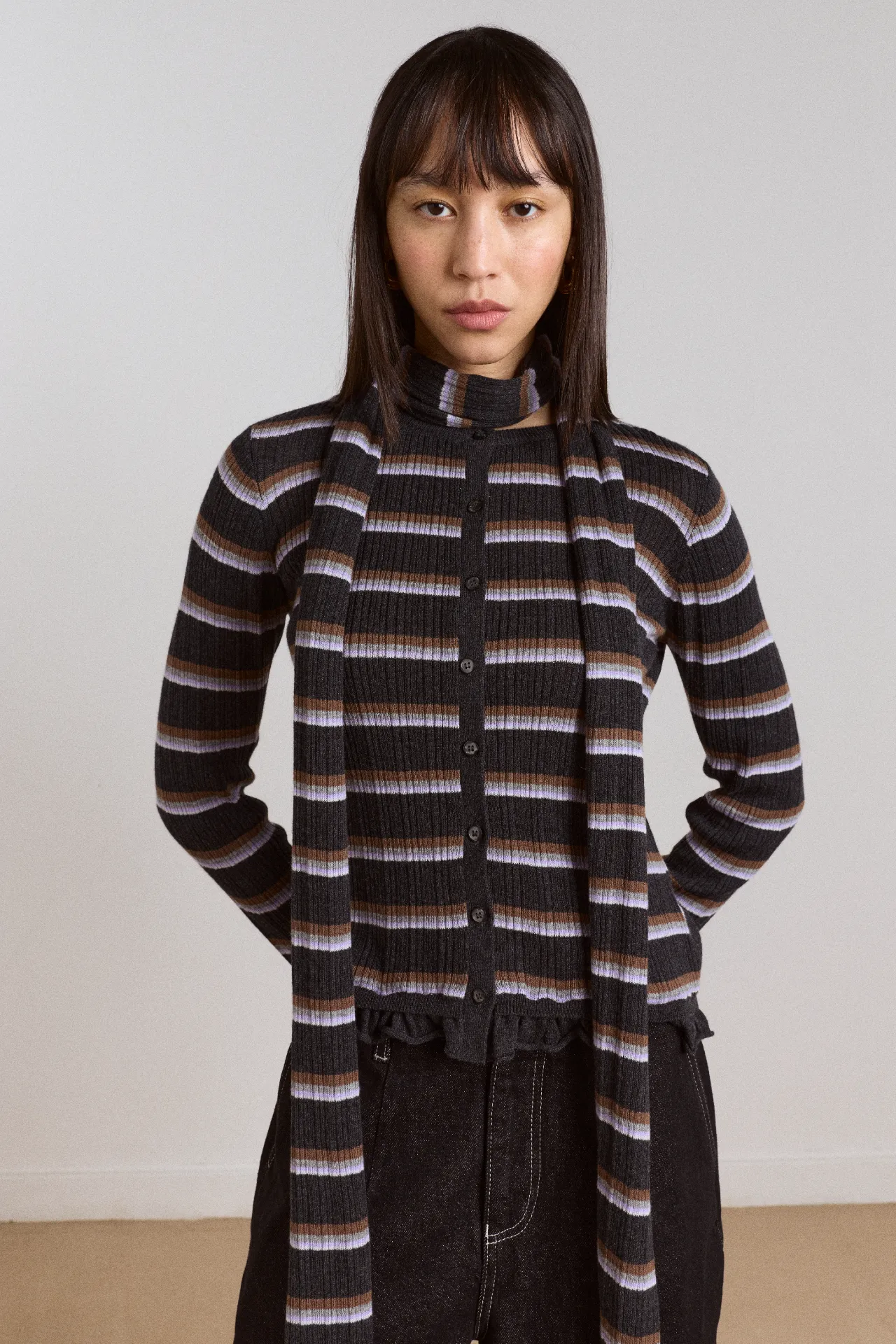 anelis cotton merino blend cardigan- multi stripe sold by Damson Madder