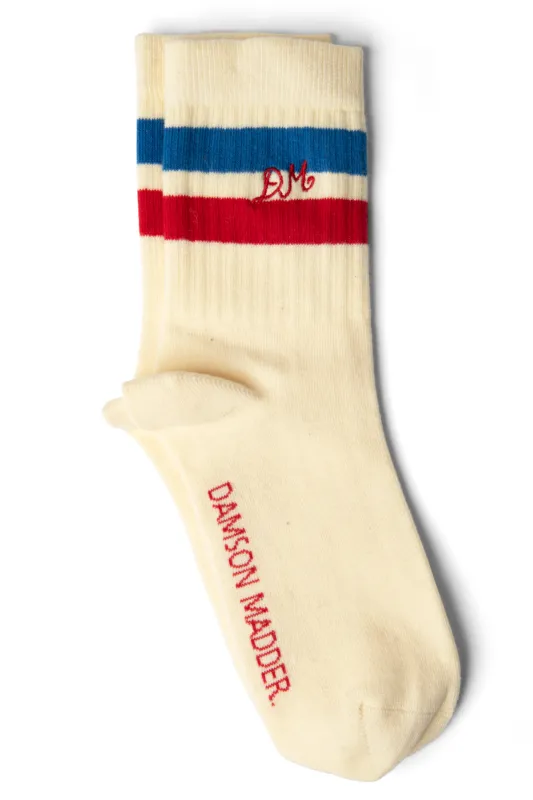 sporty calf length socks in cream - blue & red stripe sold by Damson Madder