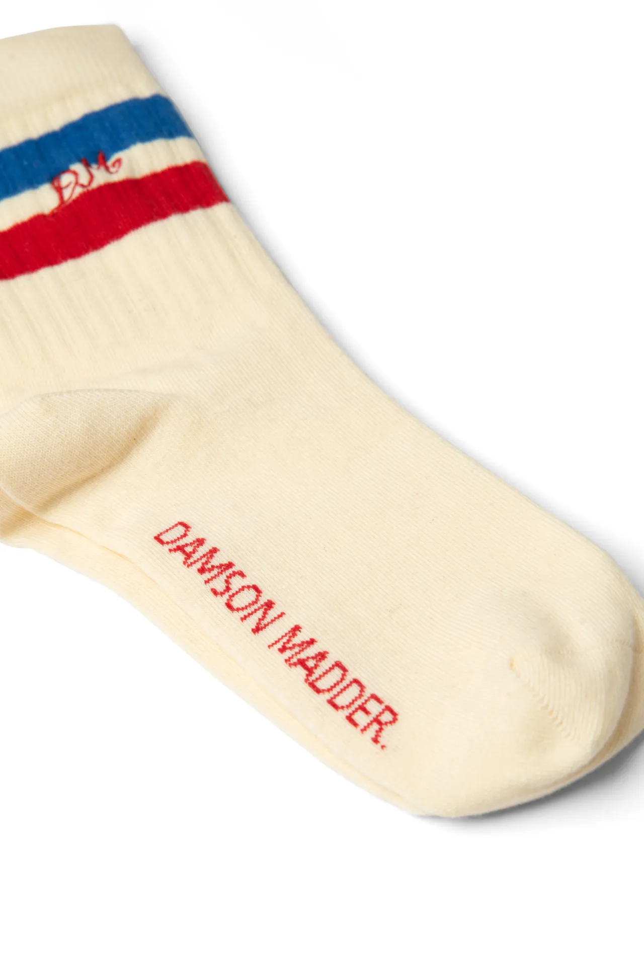 sporty calf length socks in cream - blue & red stripe sold by Damson Madder product image thumbnail 2
