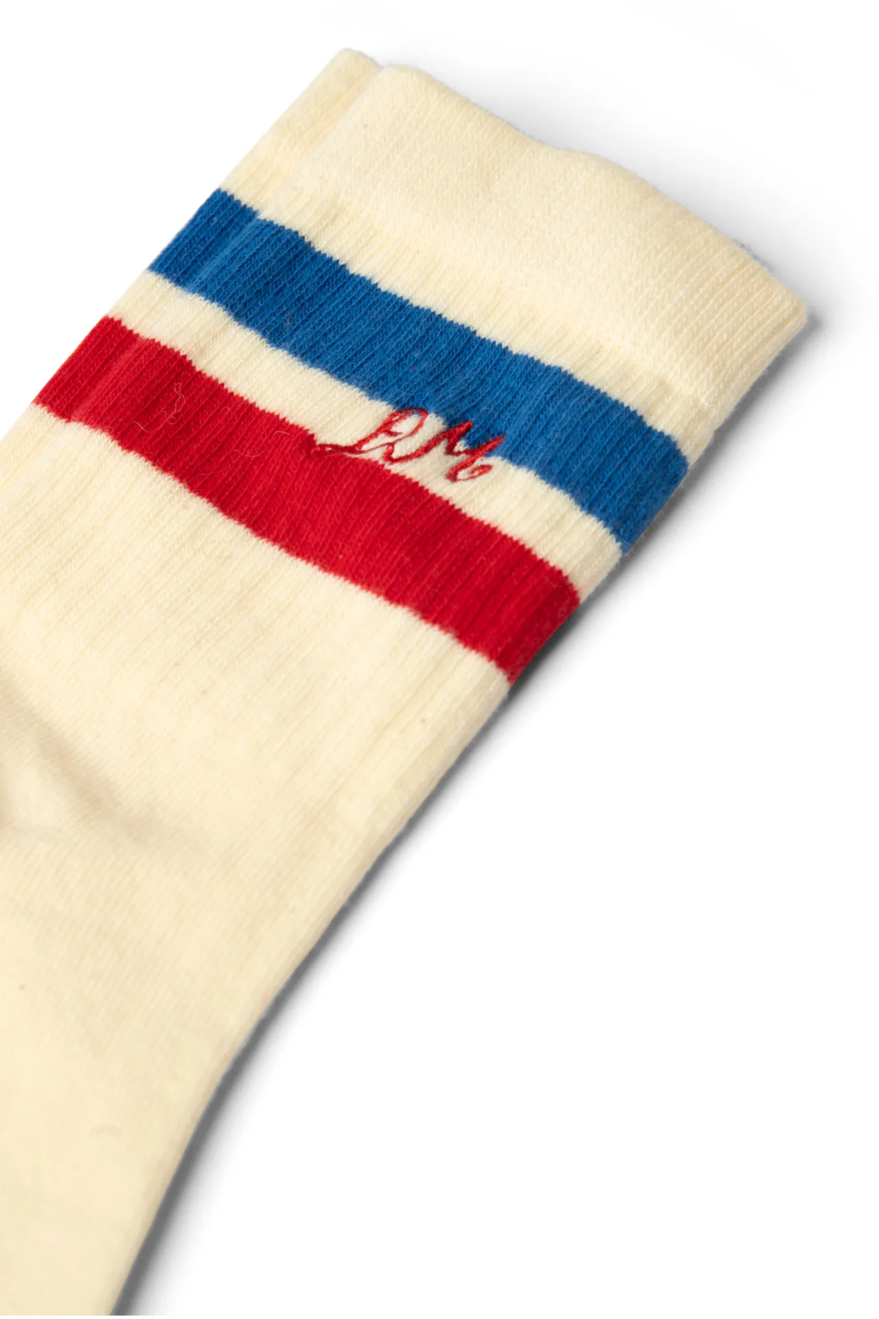 sporty calf length socks in cream - blue & red stripe sold by Damson Madder product image thumbnail 3