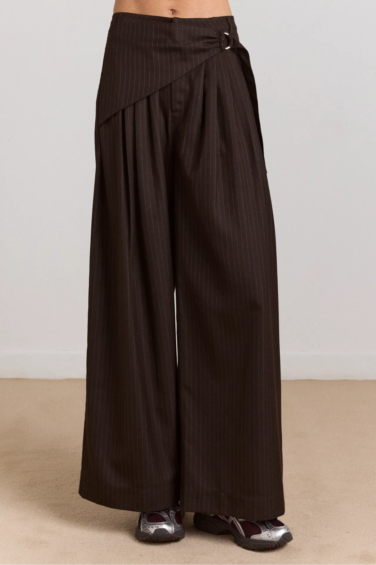 fabia trouser - choc pinstripe sold by Damson Madder