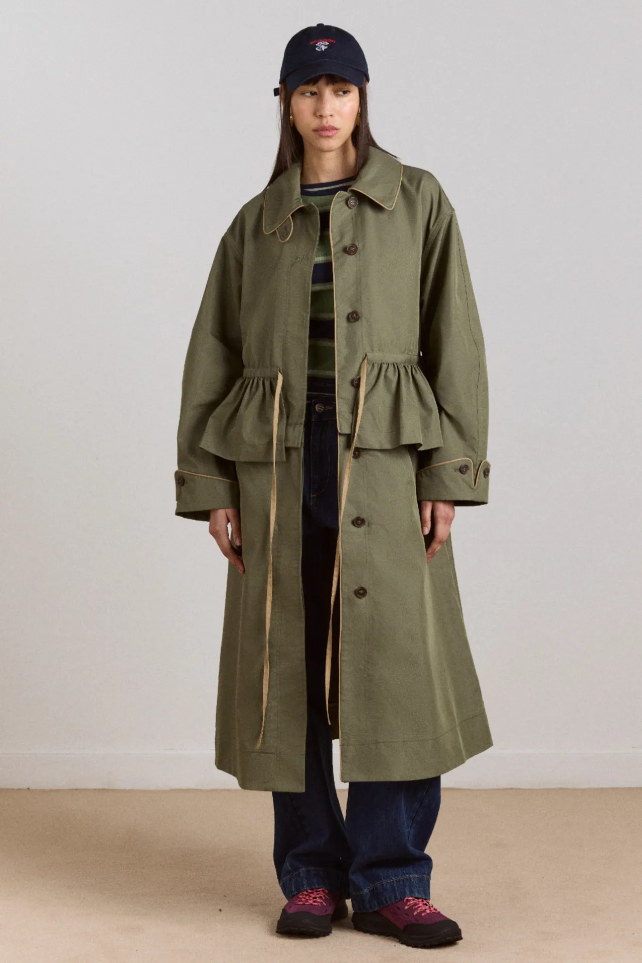 multi-wear myrtle trench in khaki sold by Damson Madder