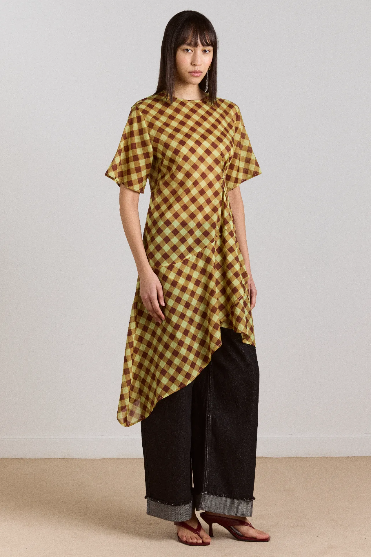 harmony sheer midi dress - choc avo gingham sold by Damson Madder