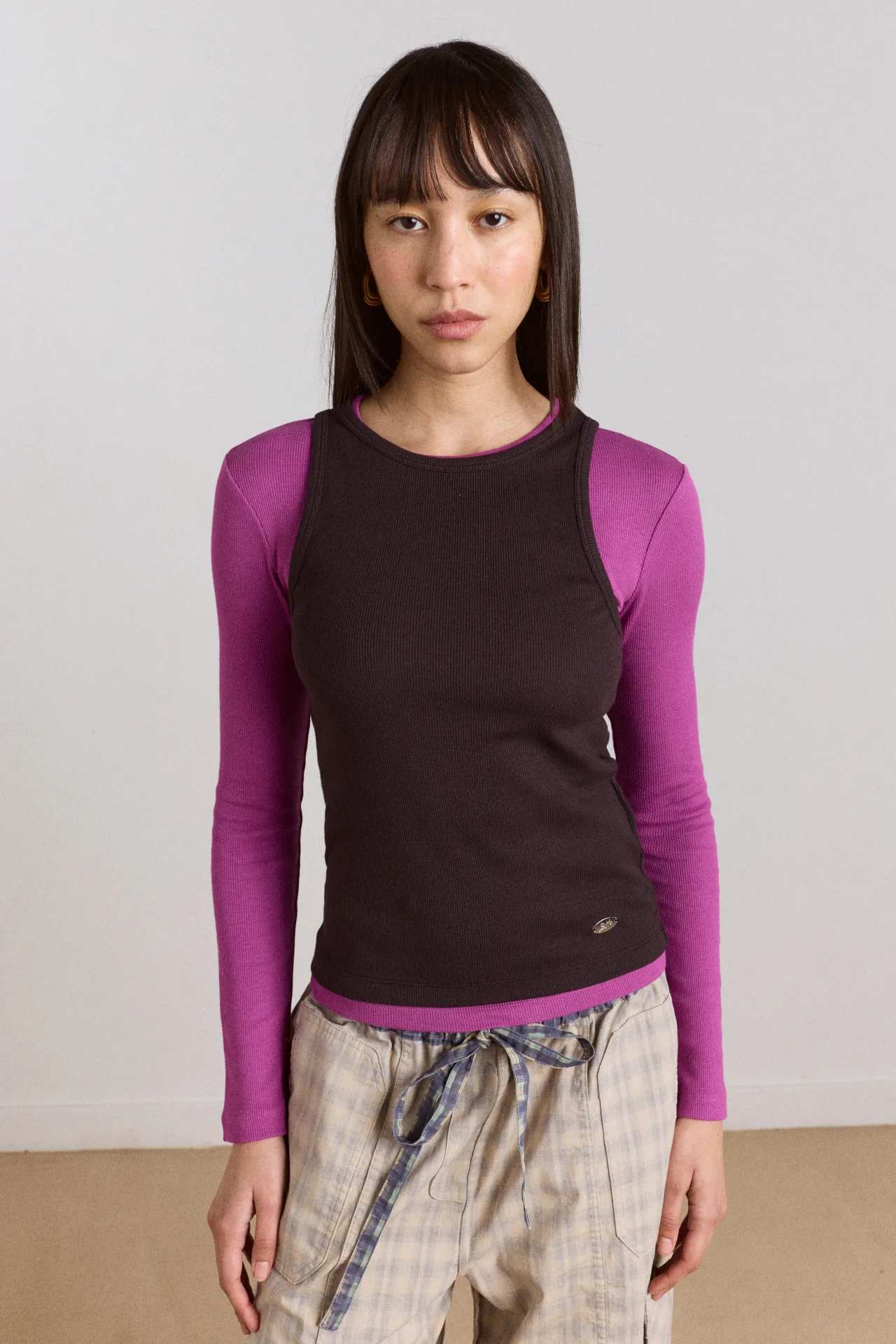 manon layered 2 in 1 top - choc/magenta sold by Damson Madder
