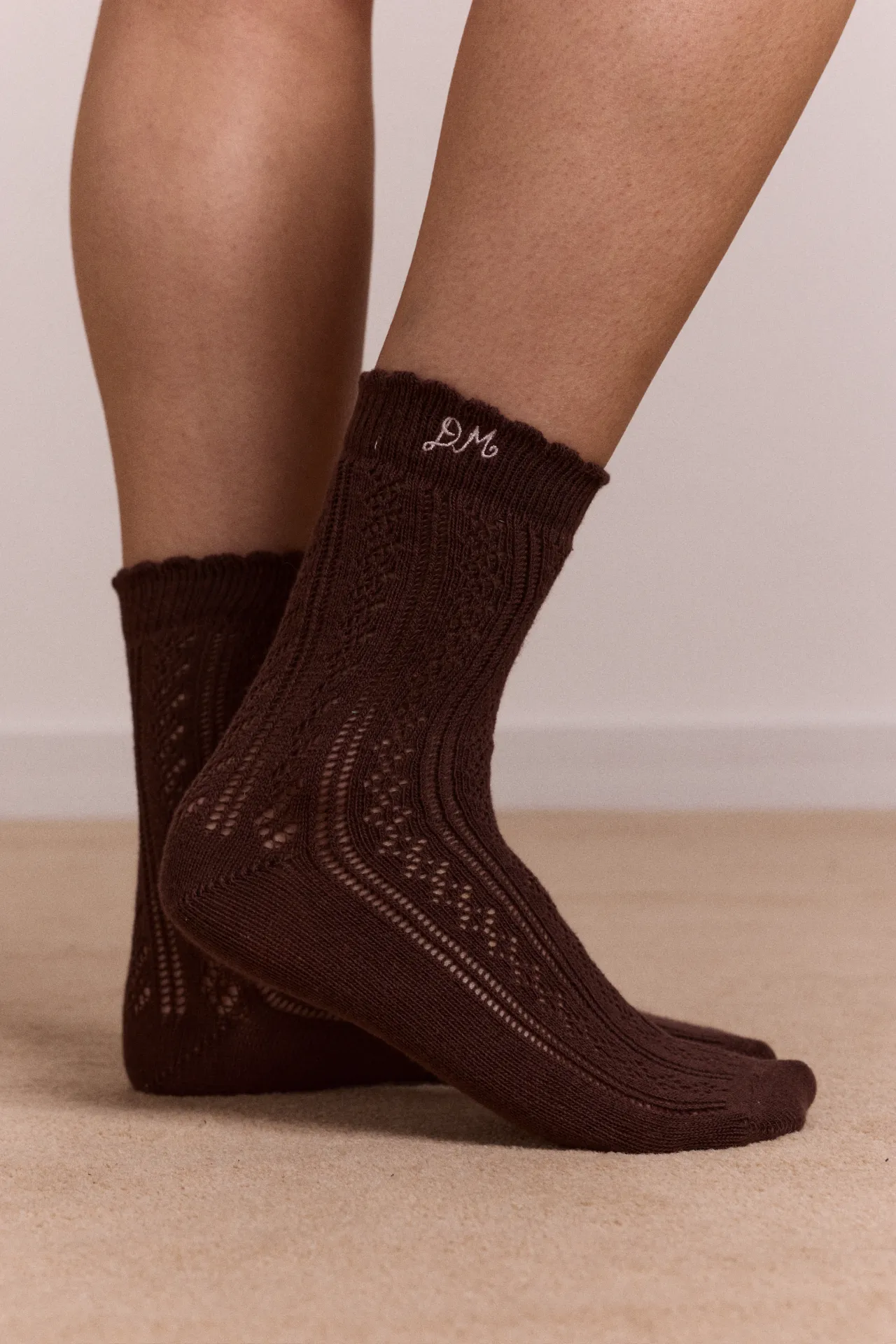 Calf Length 2 Pack Pointelle Socks - Choc & Pink sold by Damson Madder product image thumbnail 4