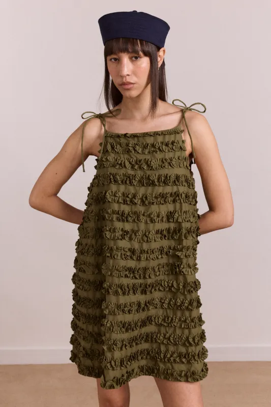 leili ruffle mini dress- olive sold by Damson Madder