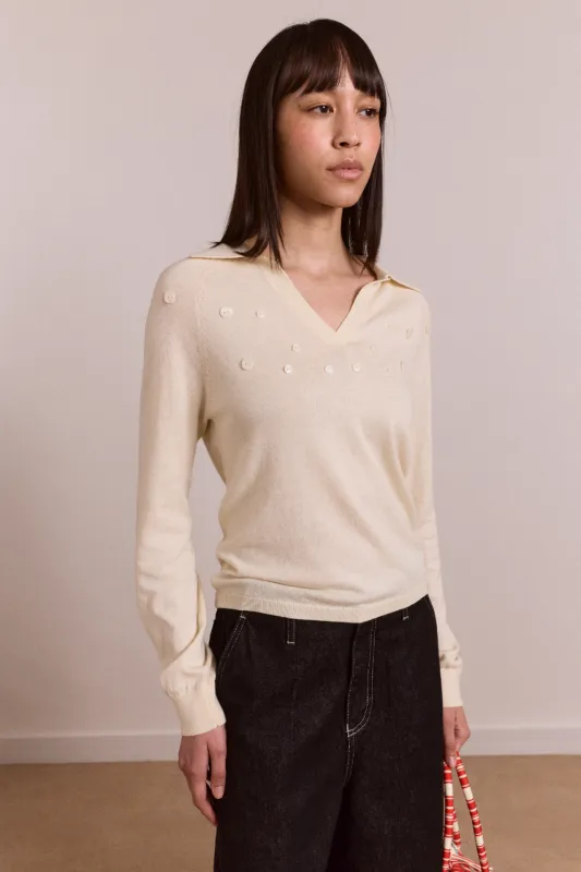 silvia cotton merino blend button knitted top - cream sold by Damson Madder