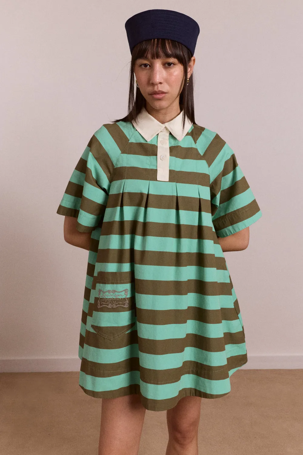 maggie mini polo dress - aqua olive stripe sold by Damson Madder product image thumbnail 3