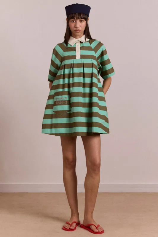 maggie mini polo dress - aqua olive stripe sold by Damson Madder