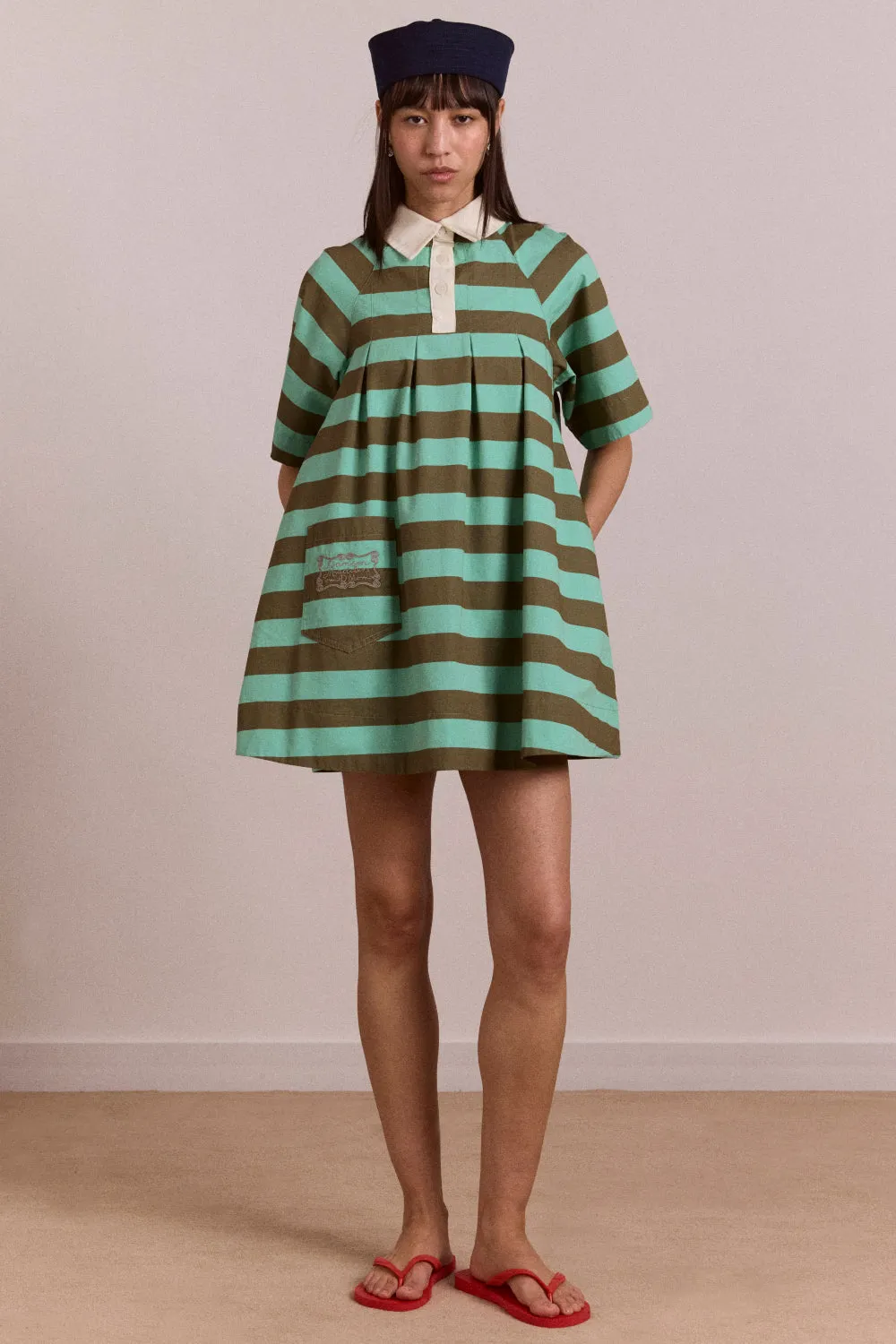 maggie mini polo dress - aqua olive stripe sold by Damson Madder
