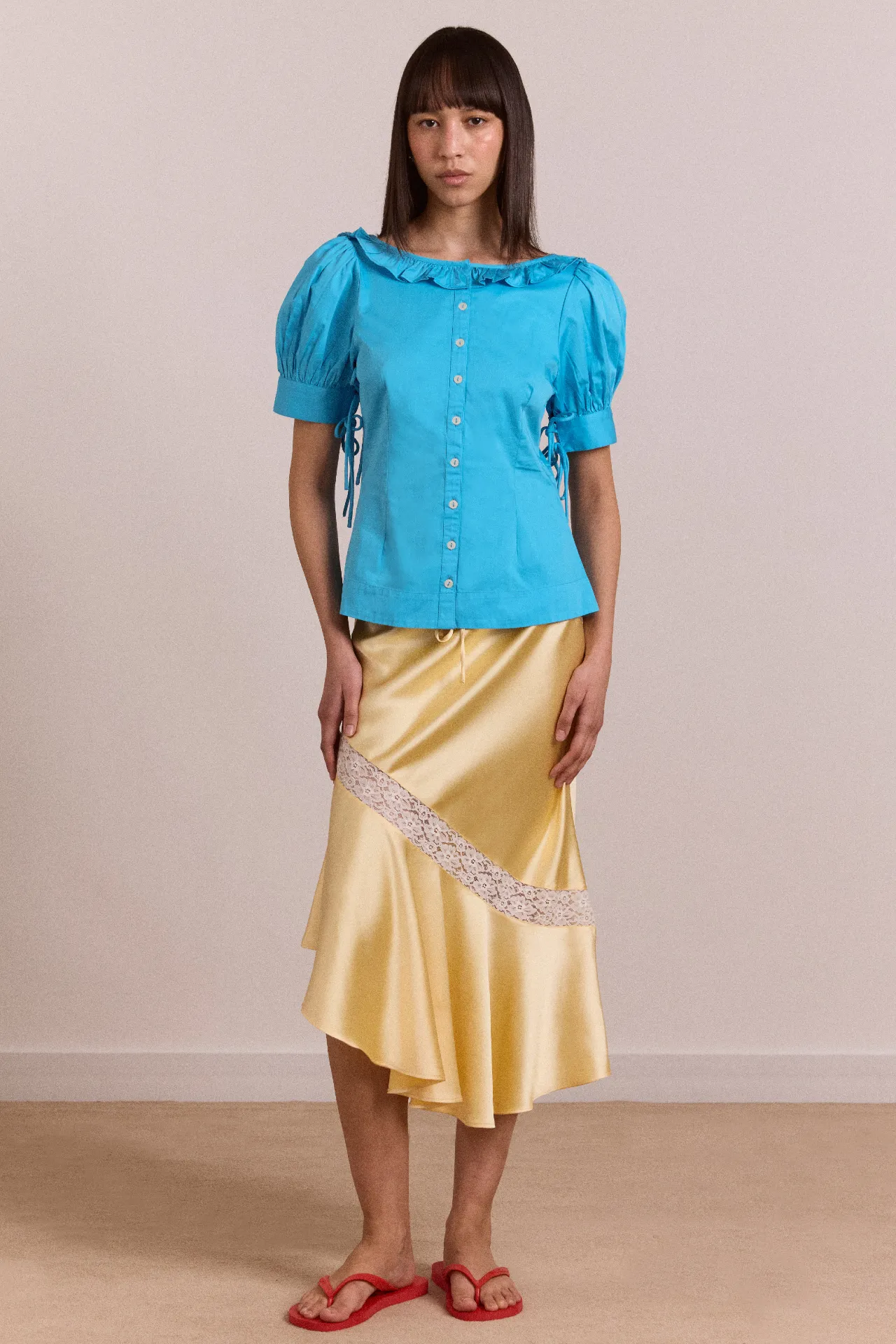 delphia satin midi skirt - butter sold by Damson Madder
