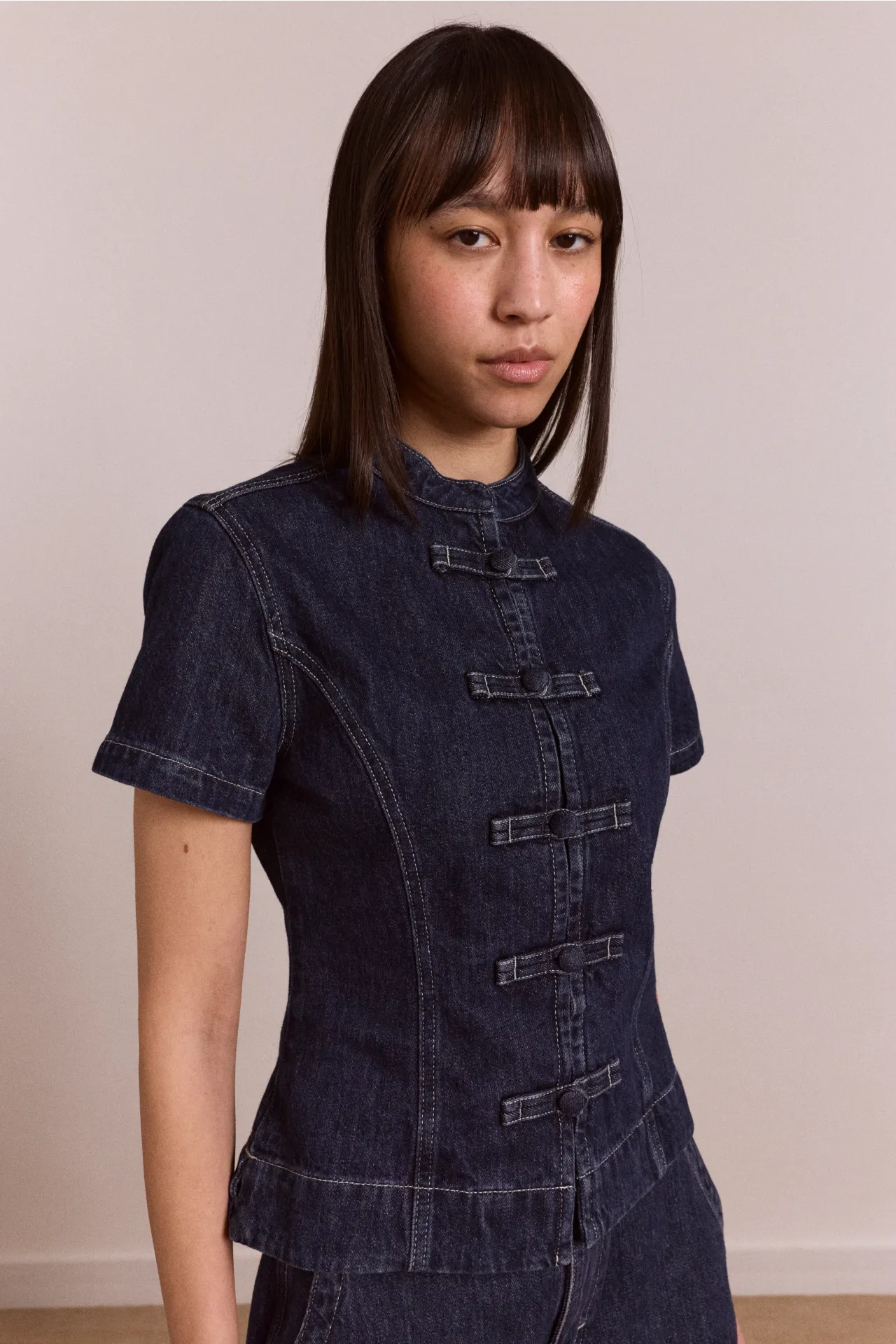 nelly button trim top - indigo sold by Damson Madder