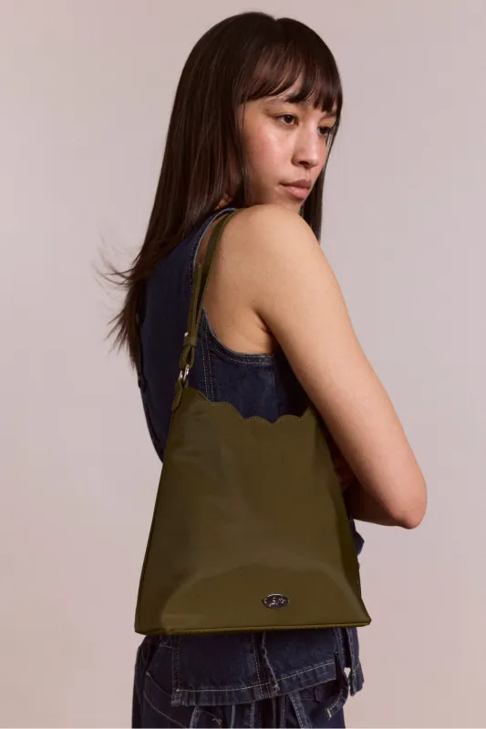 lorelai bag in heavy satin - olive sold by Damson Madder