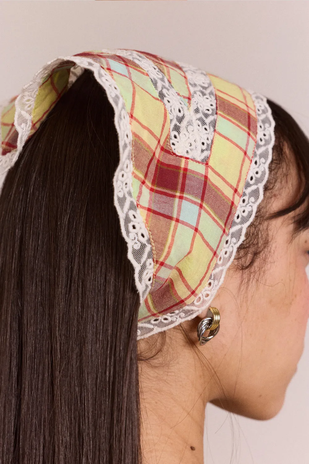 triangle headscarf with lace detail - celery check sold by Damson Madder product image thumbnail 3