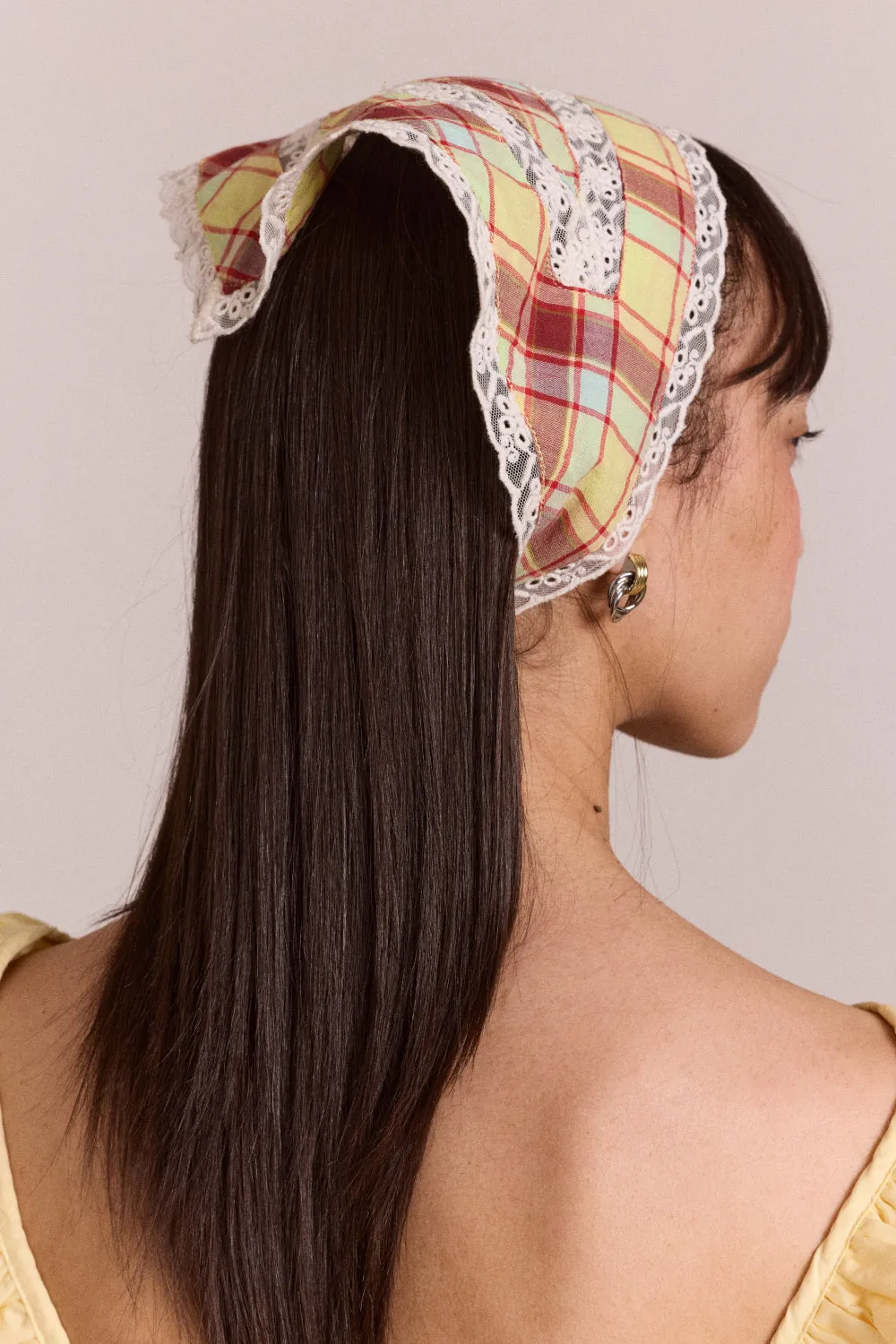 triangle headscarf with lace detail - celery check sold by Damson Madder product image thumbnail 4