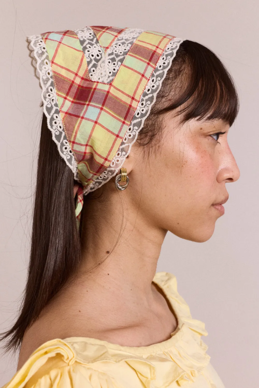 triangle headscarf with lace detail - celery check sold by Damson Madder product image thumbnail 2