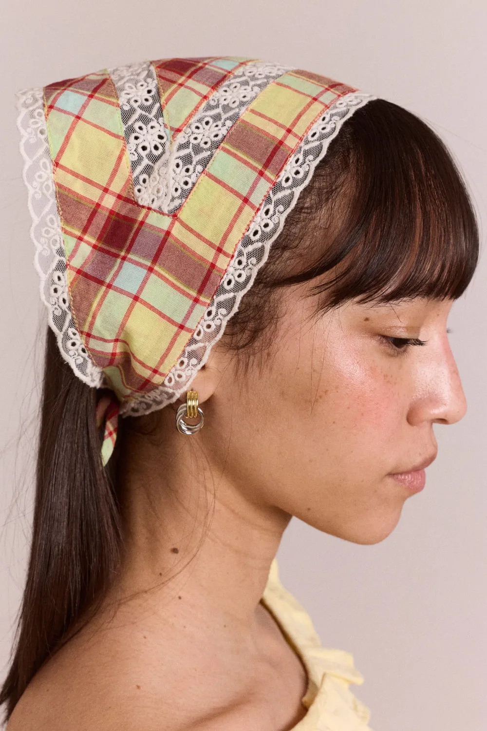 triangle headscarf with lace detail - celery check sold by Damson Madder product image thumbnail 5