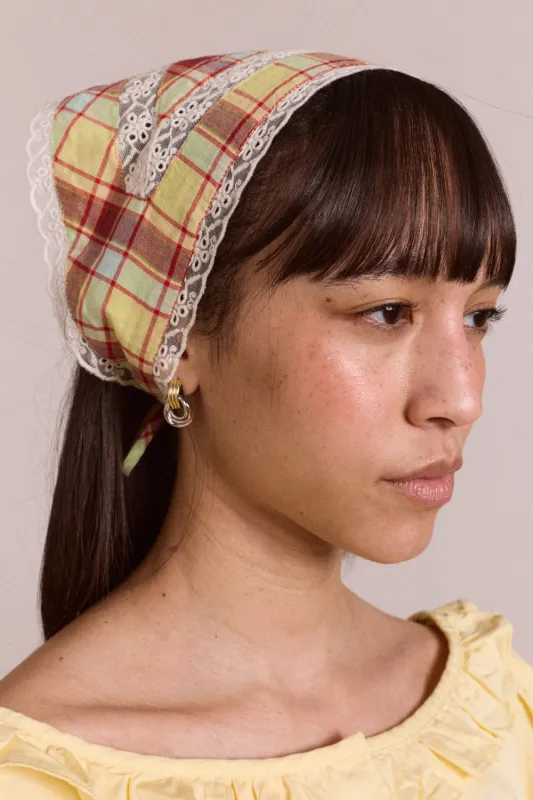 triangle headscarf with lace detail - celery check made by Damson Madder