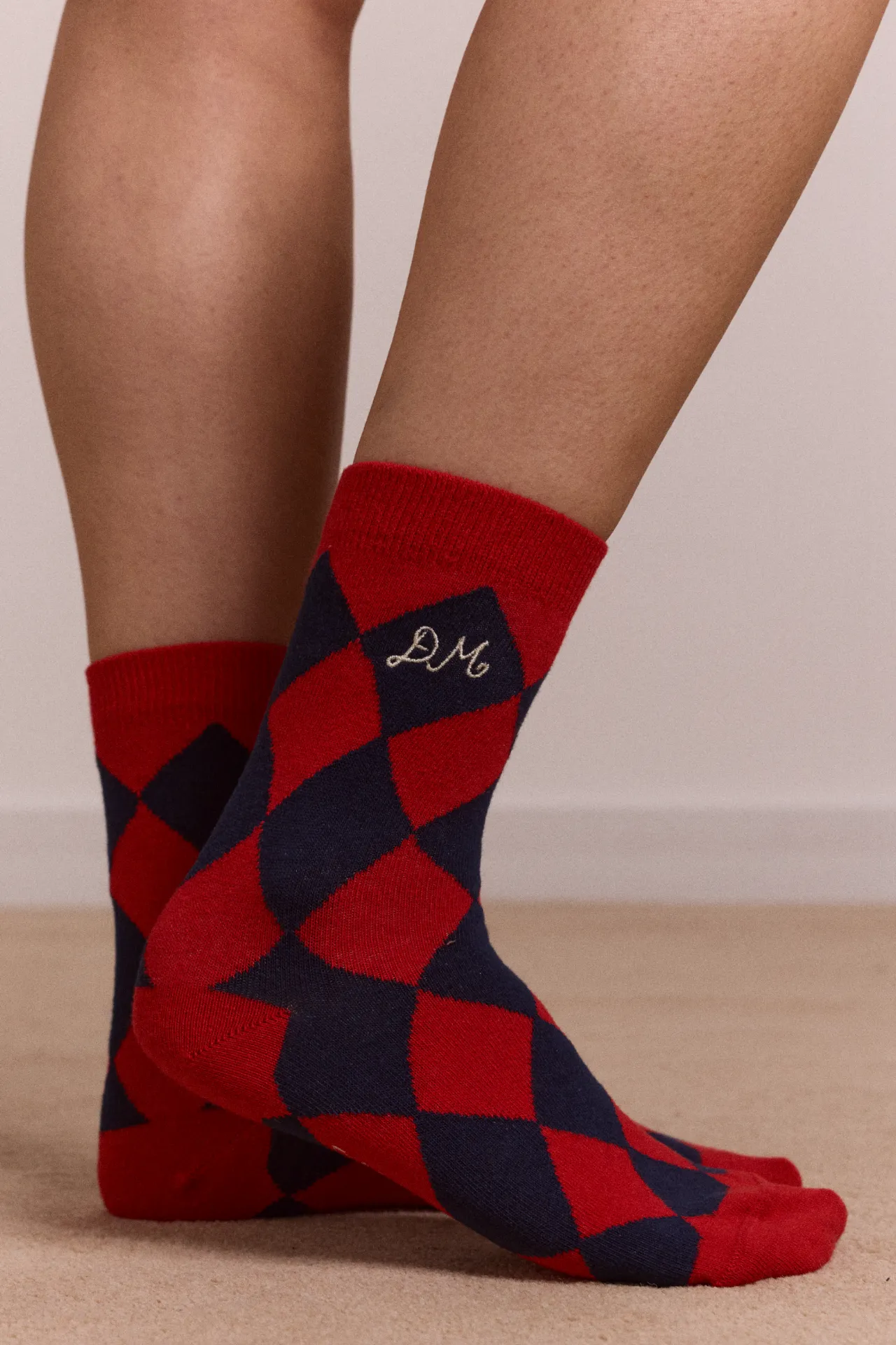 calf length socks - navy & red harlequin sold by Damson Madder product image thumbnail 2