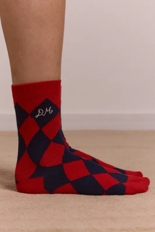 calf length socks - navy & red harlequin sold by Damson Madder