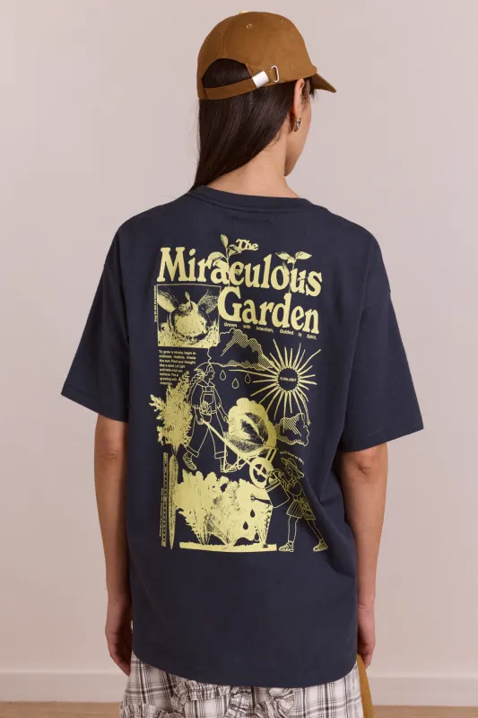 miraculous garden - navy t-shirt made by Damson Madder