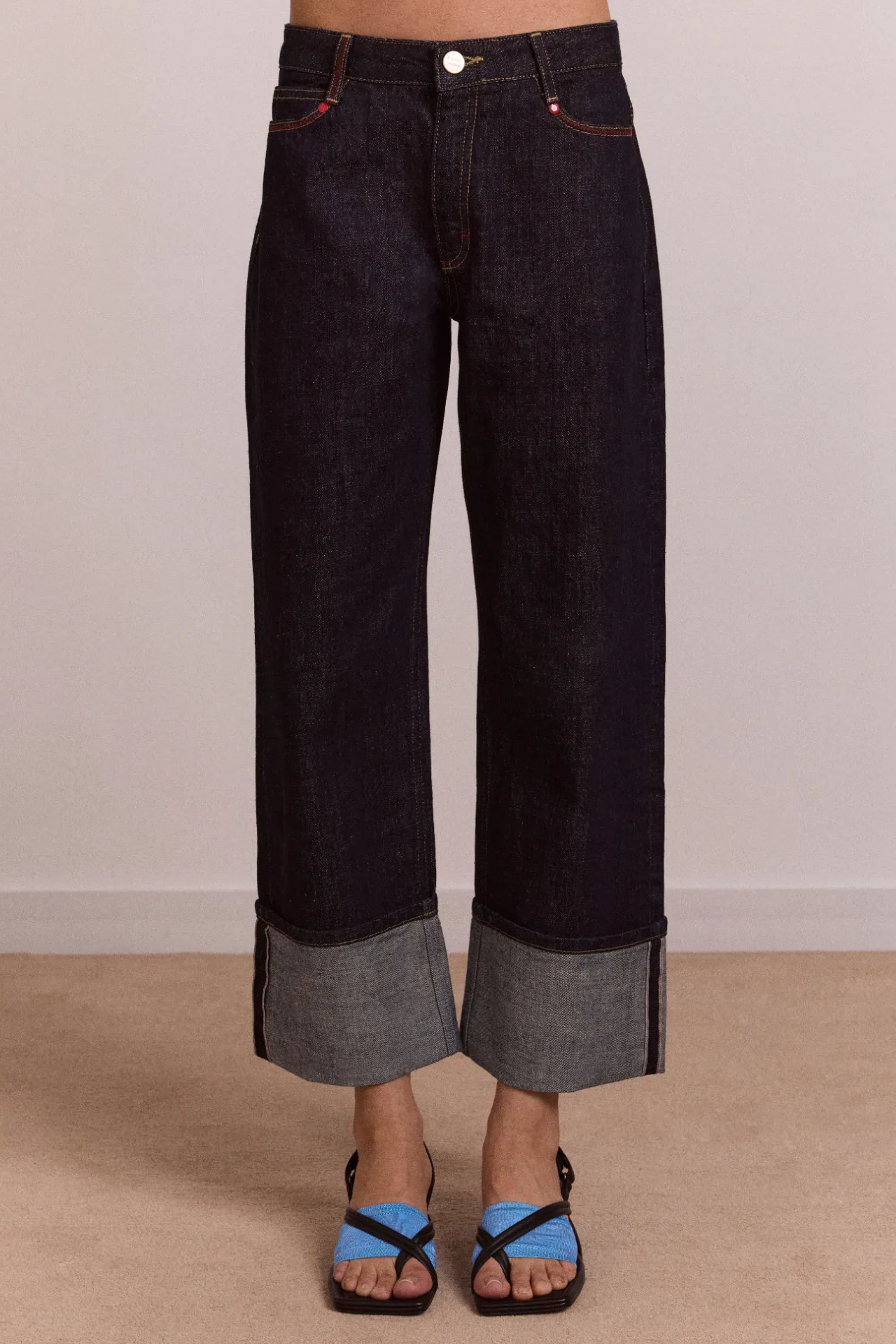 straight leg montana turn up jean -indigo selvedge sold by Damson Madder