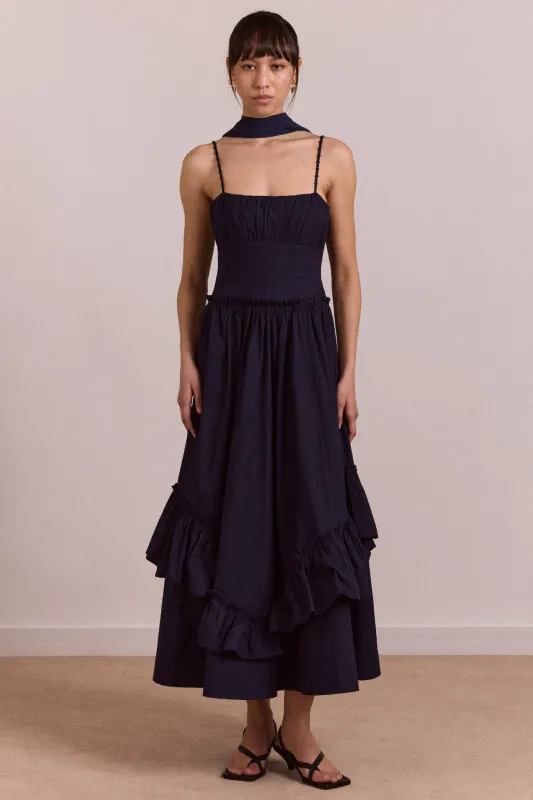 juno midi dress with sheer scarf- navy made by Damson Madder
