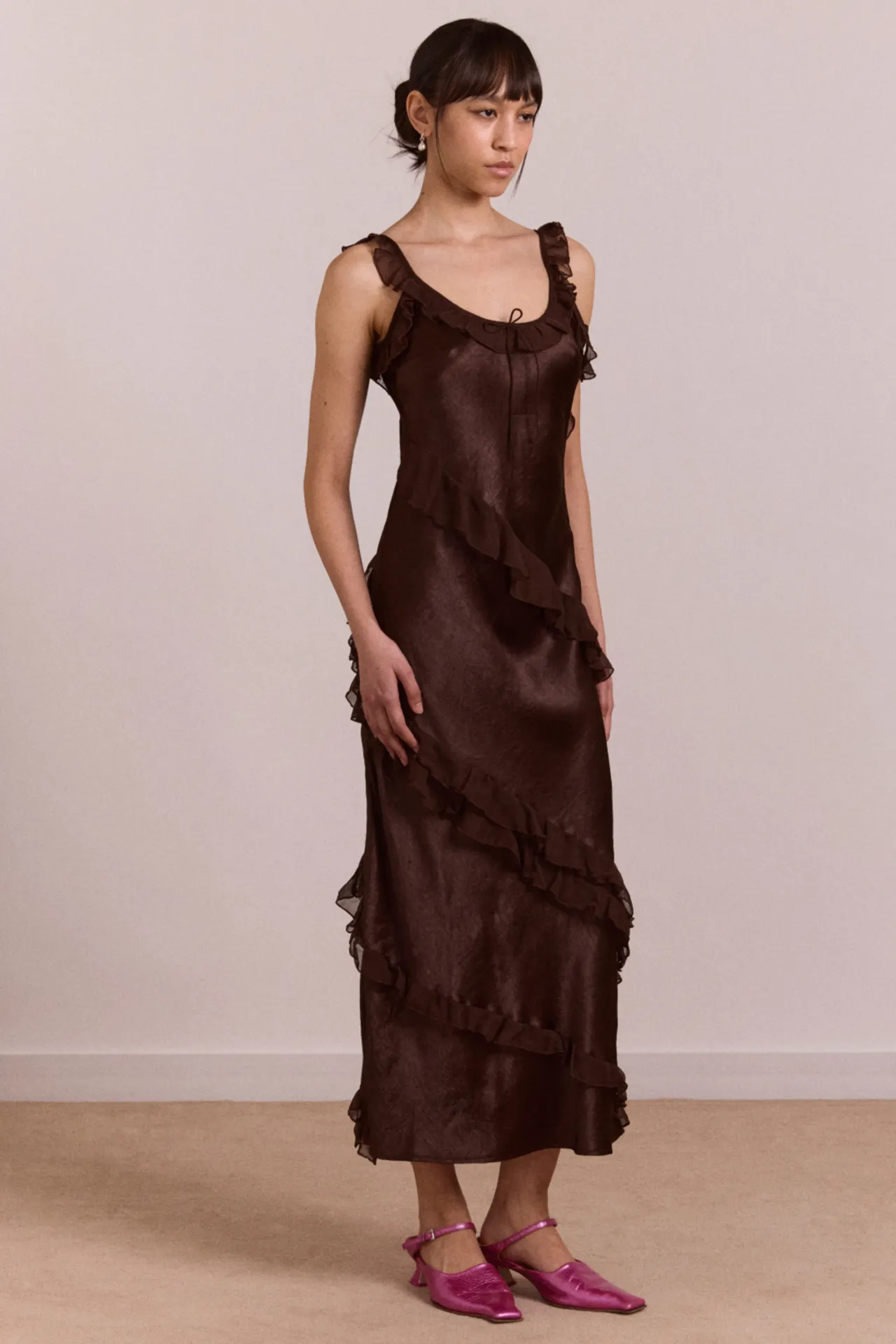 Carmen Midi Ruffle Dress With Sheer Top - Choc sold by Damson Madder product image thumbnail 3