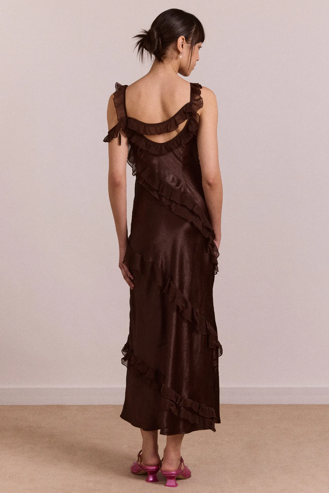 Carmen Midi Ruffle Dress With Sheer Top - Choc sold by Damson Madder product image thumbnail 4
