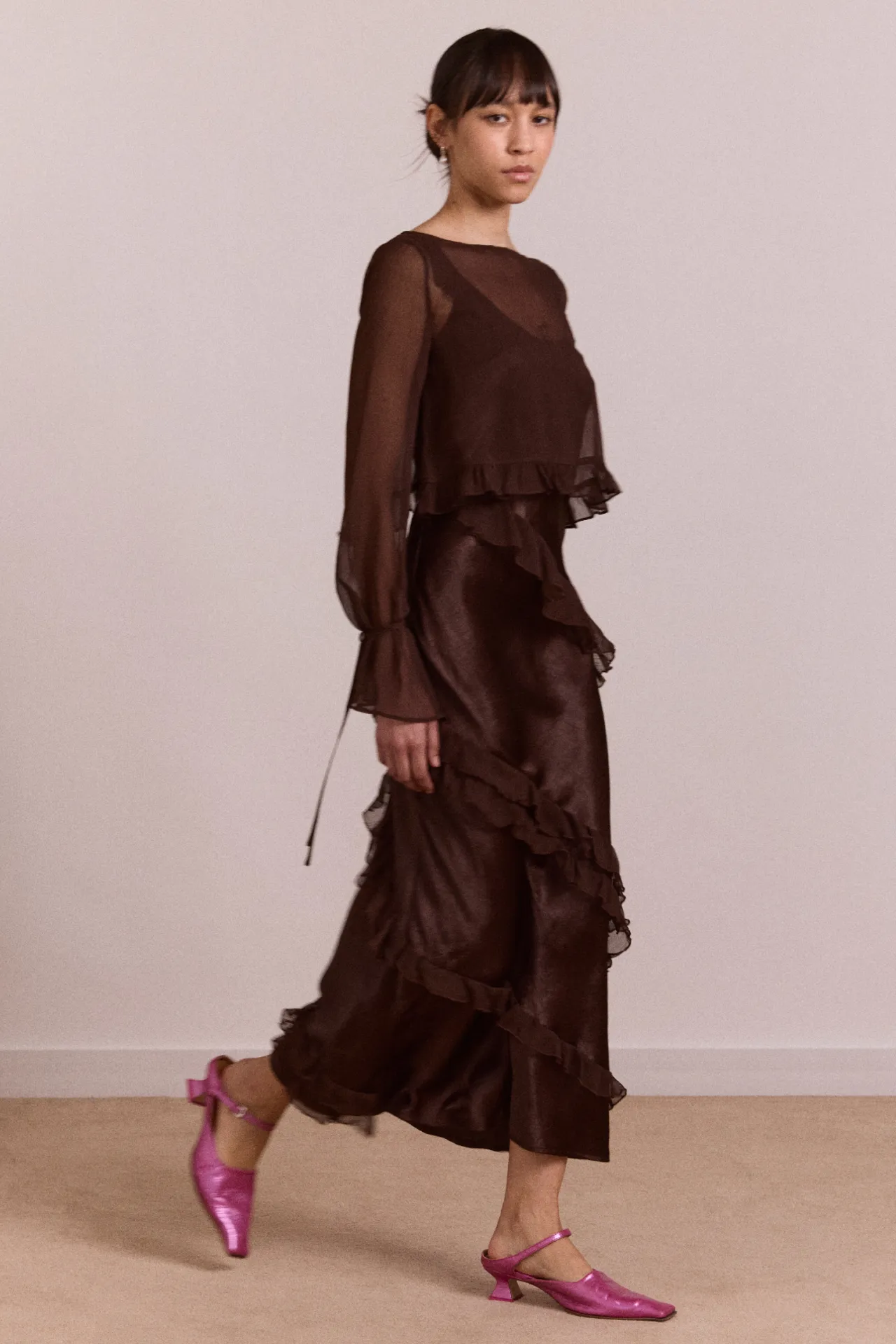 Carmen Midi Ruffle Dress With Sheer Top - Choc sold by Damson Madder product image thumbnail 2