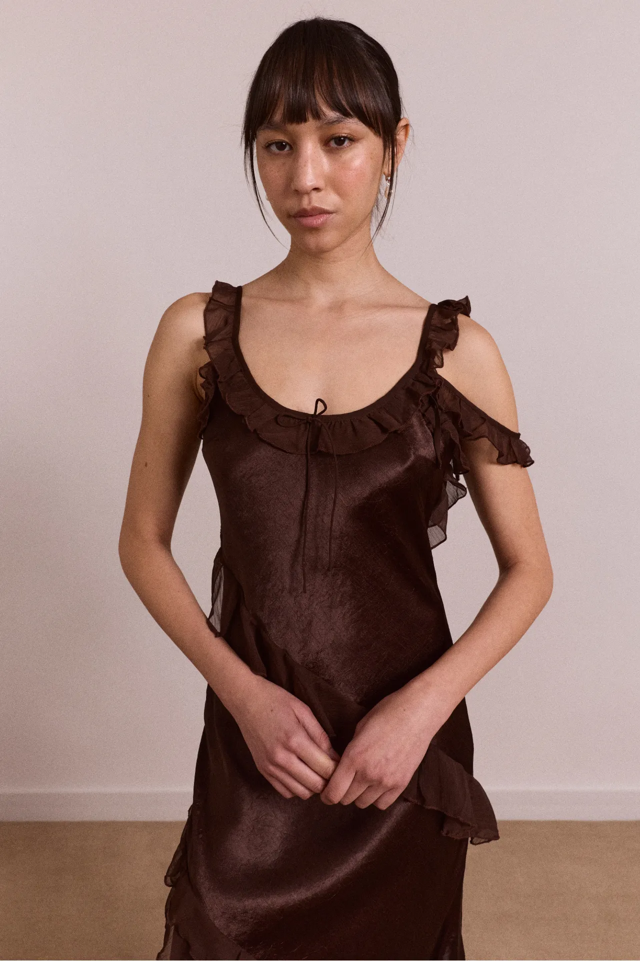 Carmen Midi Ruffle Dress With Sheer Top - Choc sold by Damson Madder product image thumbnail 5
