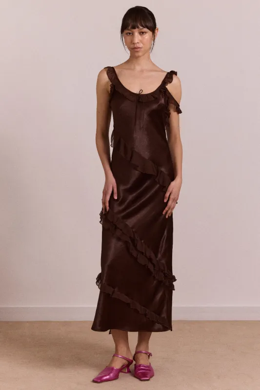 Carmen Midi Ruffle Dress With Sheer Top - Choc made by Damson Madder