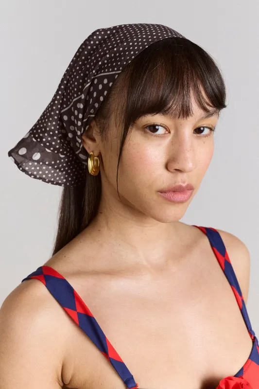 frill edge headscarf - washed black spot stripe print made by Damson Madder